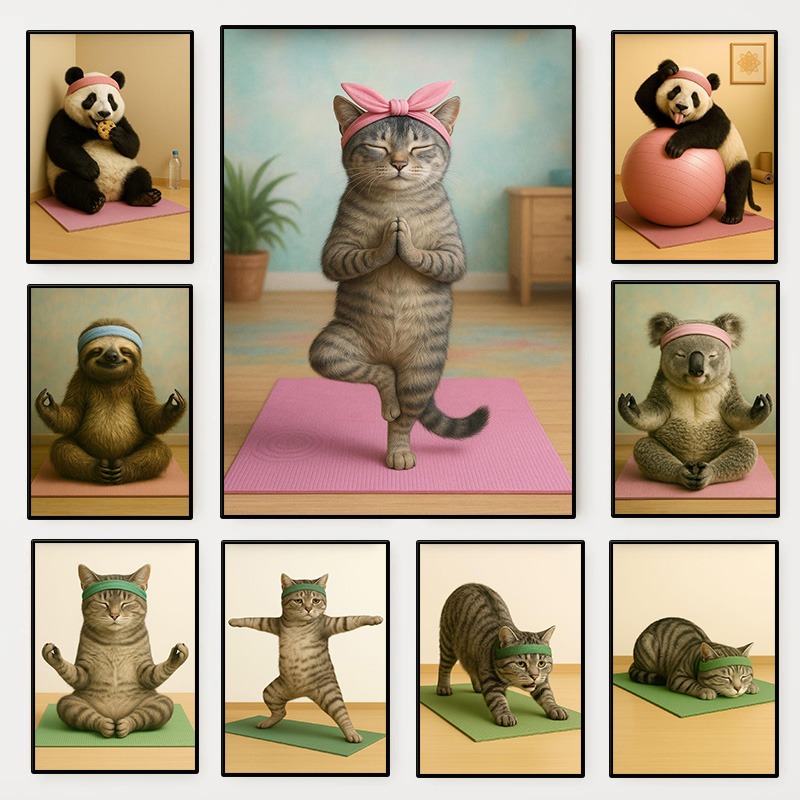 Home Gym Yoga Room - Modern Funny Animals Sports Poster Cat